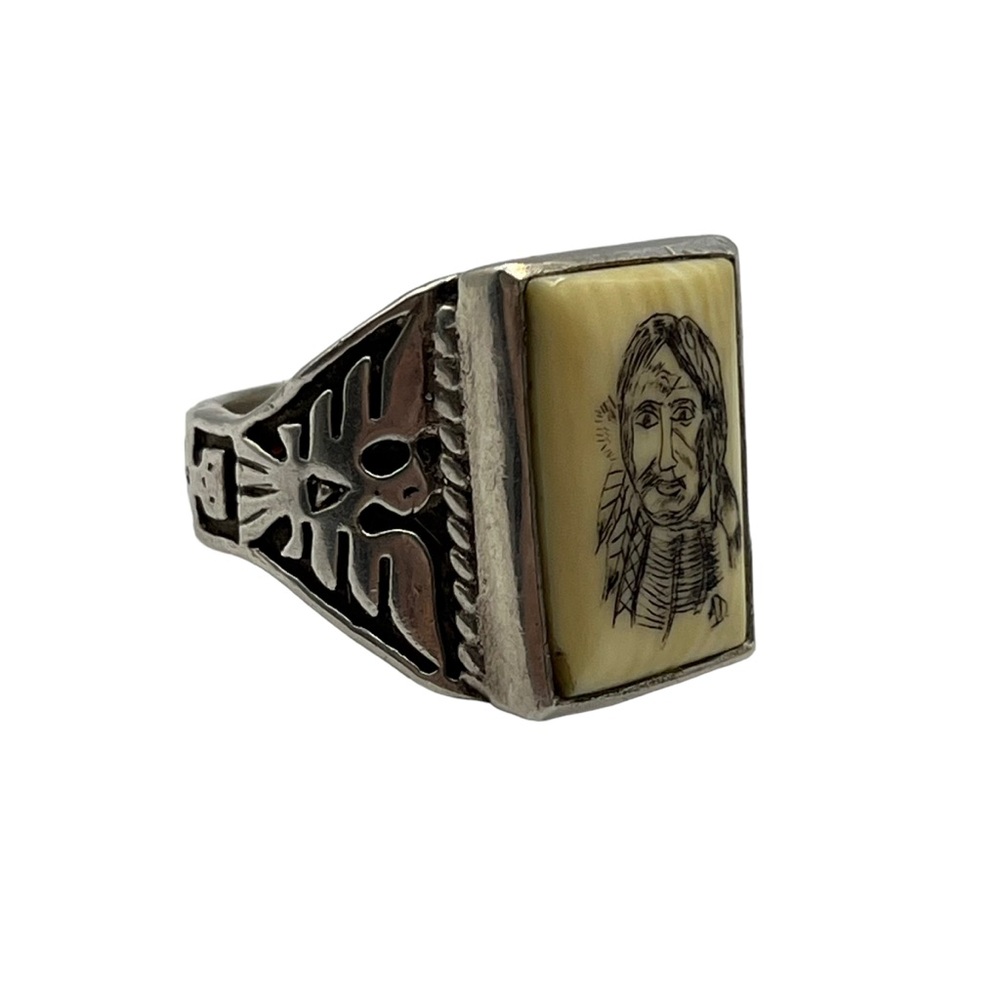 Fred Harvey Southwest Native American Thunderbird Carved Chief Silver Ring 9.5 - Picture 3 of 9